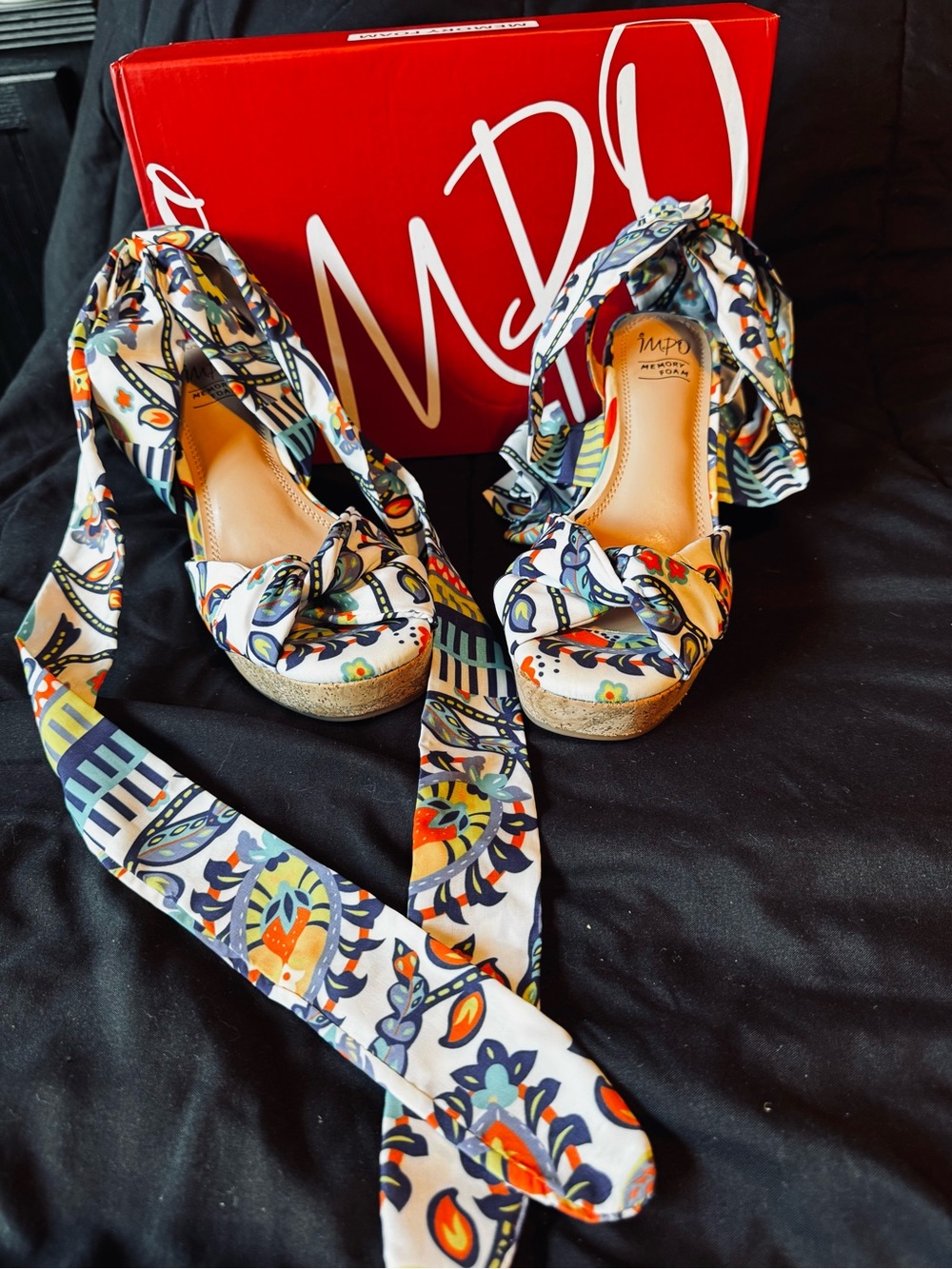 Impo Memory Foam Scarf Tie Wedge Sandals Size 6.5 Boho Floral Platform Heels - Picture 2 of 8